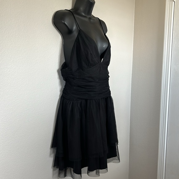Princess Polly Zlatan Black Plunge V Neck Mesh Overlay Tiered Ruched Mini Dress - Picture 6 of 11